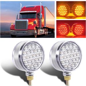 2x Round Double Face Fender Turn Signal Amber/Red Lights 48 LEDs Single Stud Led Stop Marker Running Lights Pedestal Compatible with Peterbilt/Freightliner IP67 clear lens