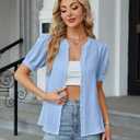 BMJL Womens Button Down Shirts V Neck Business Casual Blouses Eyelet Puff Sleeve Dressy Work Tops Outfits 2025 (L)