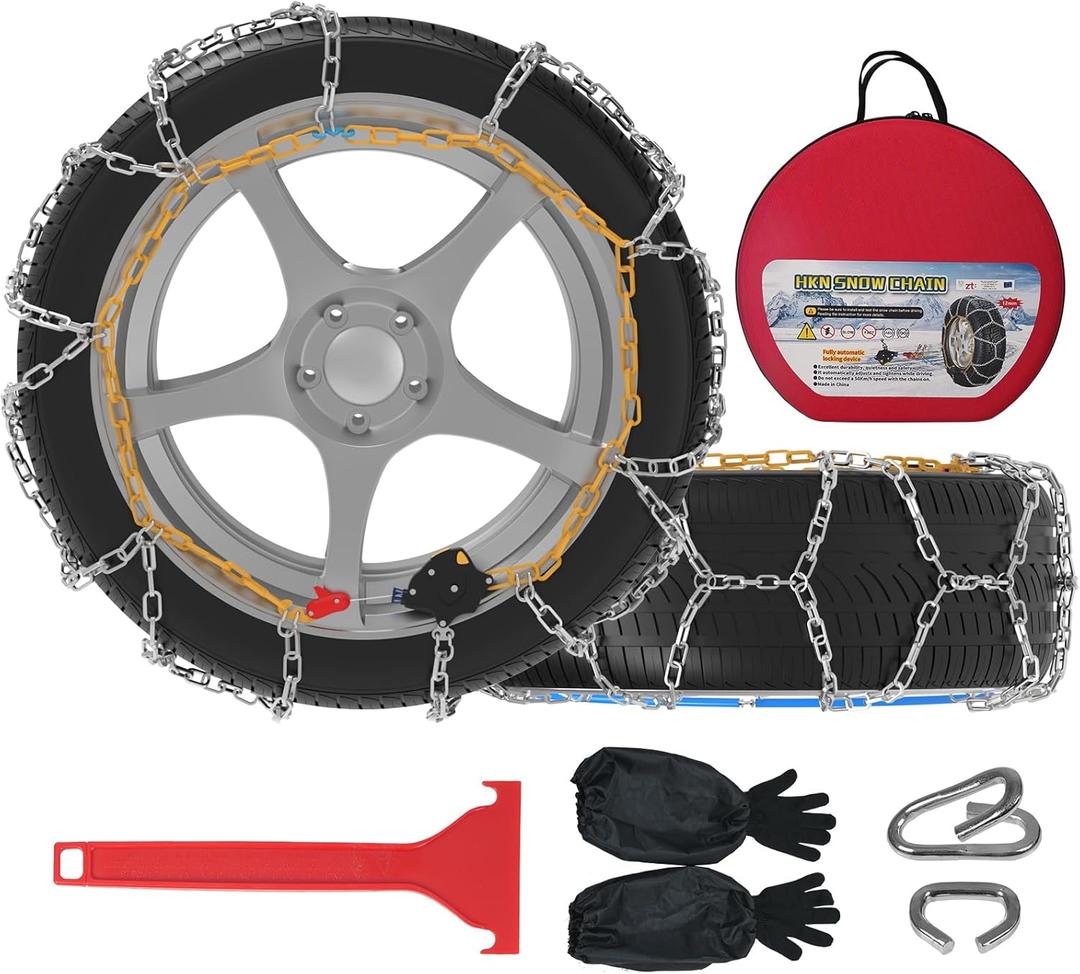 Auto-Fixing Snow Chains, 30s Quick Fit Easy Installation Tire-Chains, Portable Reusable High Carbon Steel Anti Slip Tire Chain for Passenger Car, Pickup Trucks and SUV - Set of 2 (HKN-140)