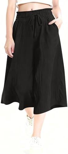 Rapbin Wide Leg Capri Pants for Women Gingham Striped Culottes Flowy Elastic Waist Cropped Palazzo Pants with Pockets, XL