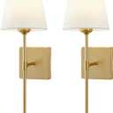 Wall Sconces Sets of 2, White Fabric Shades Wall Sconces, Hardwired Retro Industrial Wall Lamps, Bathroom Vanity Sconces Wall Lighting, Wall Mounted Lamps for Bedroom Living Room Kitchen Mirror (Gold)