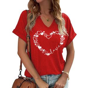 Womens Short Sleeve V Neck T-Shirts Love Heart Printed Valentina's Day Shirts Graphic Tees (Medium, 5 Red)
