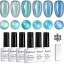 RARJSM Blue Cat Eye Gel Nail Polish Set 6pcs Reflective Diamond Glitter Clear Light Gray Sea Blue Green Tone Glass Cateye Gelpolish with Magnet Stick 7.5ml Curing Requires Soak Off for Home Salon