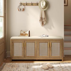 VASAGLE ELLAN Collection - Boho Shoe Bench with Cushion, Entryway Storage Bench with 4 Rattan-Look Cabinet Doors, Rounded Corners, Adjustable Shelf, for Bedroom Under Window, Natural Brown ULSB502KC01, 13.8"D x 47.2"W x 20.9"H