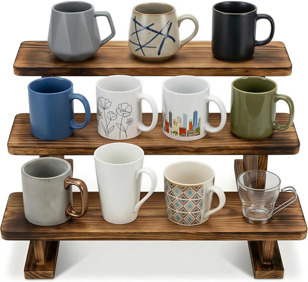 2 Pack Wooden Mug Organizer for Cabinet, 3-Tier Staircase Coffee Mug Display Shelf, Space-Saving Kitchen Cabinet Cup Organizer for Kitchen, Coffee Bar & Pantry
