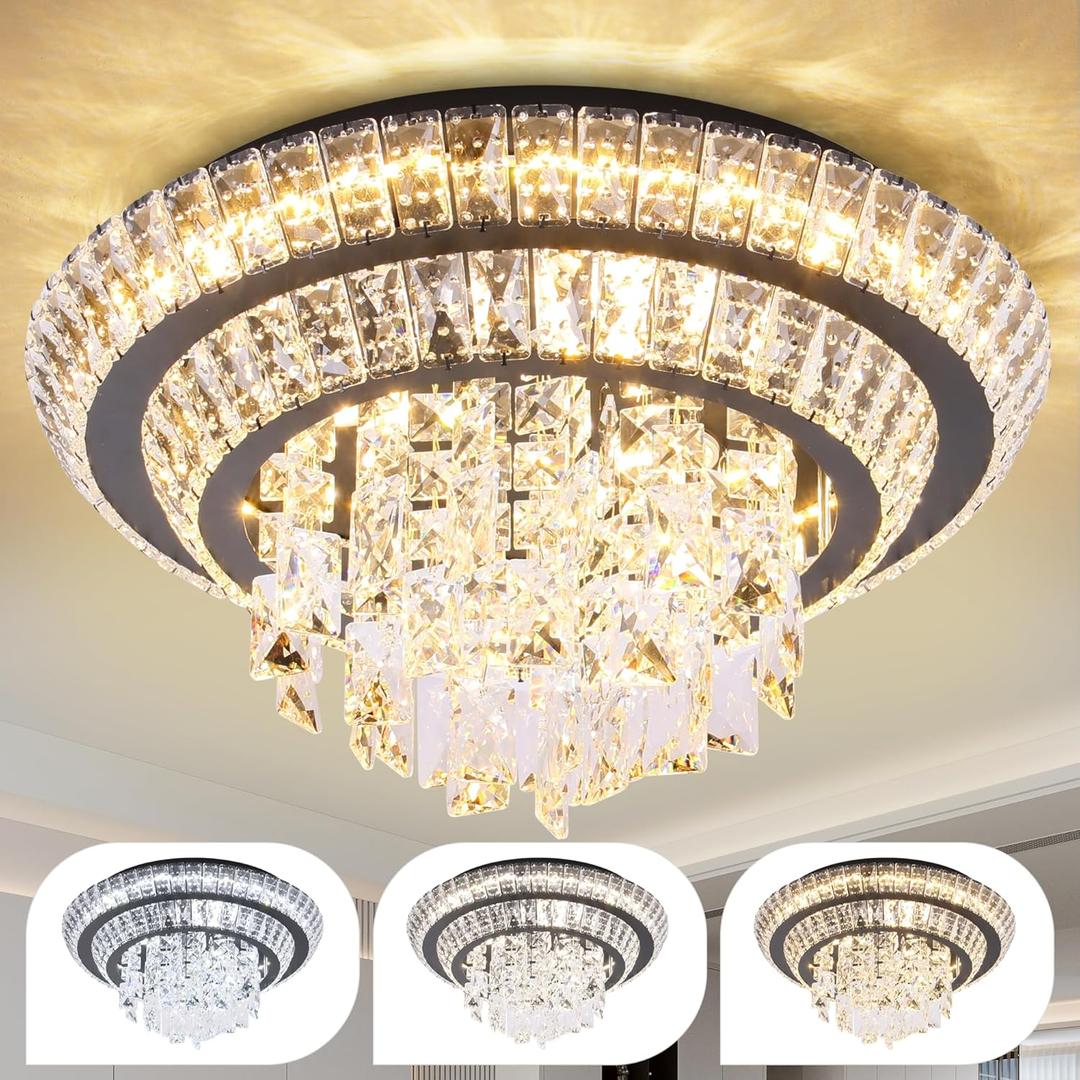 COCOSTAR Black Elegant LED Crystal Raindrop Ceiling Light, 18" Modern Flush Mount Chandelier Light Fixture with Remote Control, 3CCT Dimmable, for Living Room Kitchen Island Bedroom Entryway Foyer