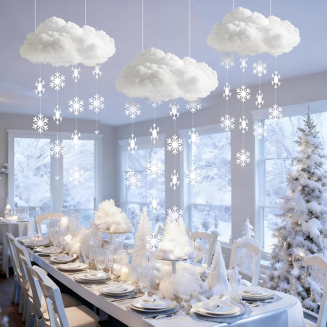 Wettarn 18 Pcs Winter Cloud Decorations 3D Large Cloud Hanging Decorations with Winter Snowflake DIY Wonderland Decorative Hanging Ornament for Wedding Ceiling Party Room Decor