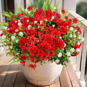 12 Bundles Artificial Geraniums Flowers for Outdoors Decoration UV Resistant Fake Geranium Silk Flower Realistic Faux Plants for Garden Porch Patio Planter Front Door Home Decor (Mix Red)