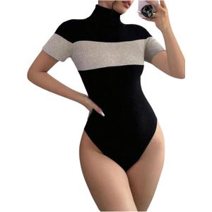 WDIRARA Women's Color Block Short Sleeve Bodysuit Turtle Neck Ribbed Knit Leotard Black X-Large