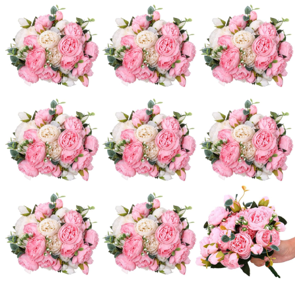 Hoteam 24 Bundles Artificial Peonies Flowers Wedding Faux Flowers Silk Peony Bouquet Bulk Bride Fake Florals Arrangements for Table Centerpieces Wedding ​Party Vase Decor (Light Pink, White)
