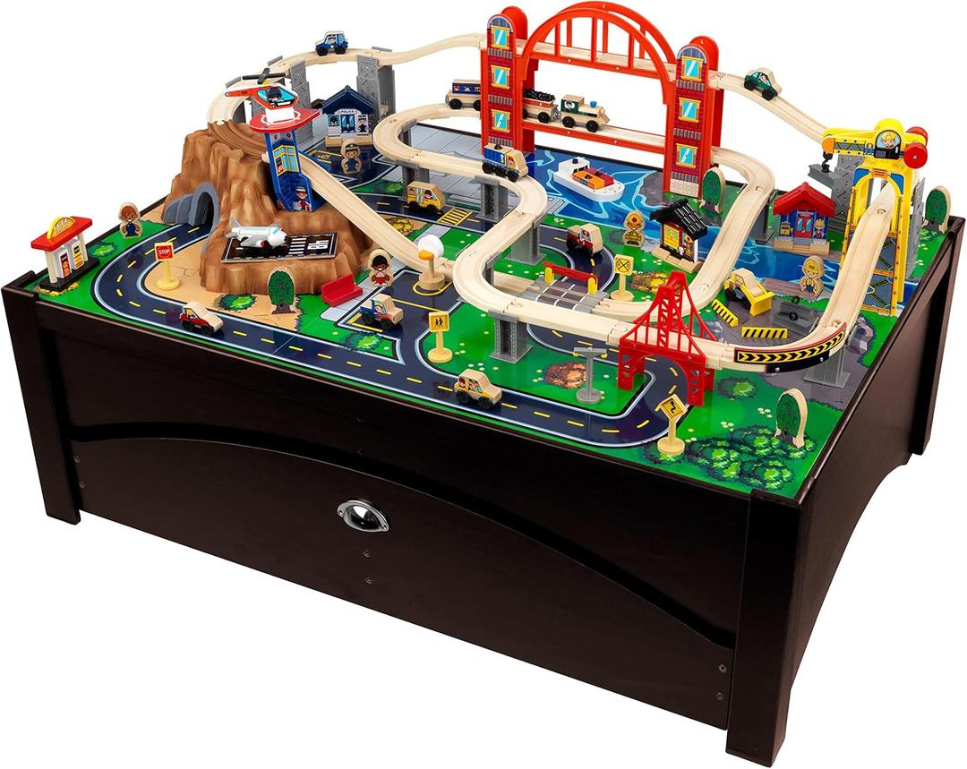 KidKraft Metropolis Wooden Train Set & Table with 100 Pieces and Storage Drawer - Espresso