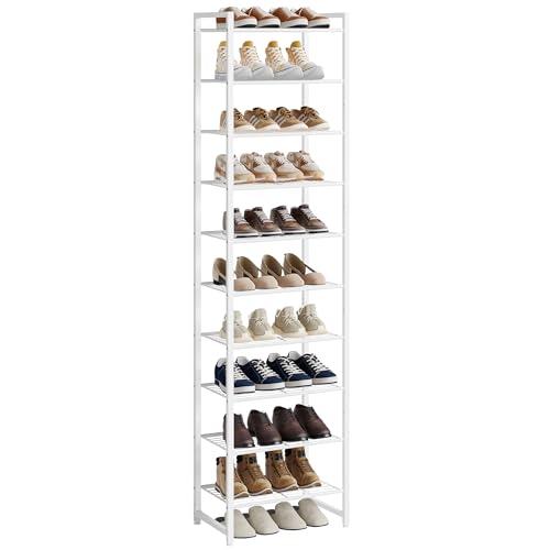 Nunsino Narrow Shoe Rack, 10-Tier Metal Shoe Organizer,Tall Shoe Shelf with Anti-Tip Strap, Max Holds 20 Pairs,Space Saving for Closet,Entryway,White