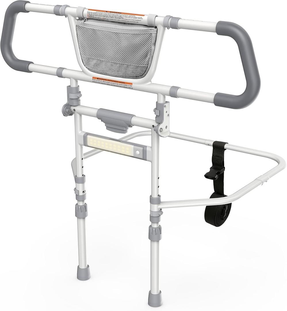 Foldable Bed Rails for Elderly Adults Safety - Bed Side Assist Rail for Seniors with Extendable Guard Rails & Storage Bag, Adjustable Height Bedrails for Queen King Full Size Bed