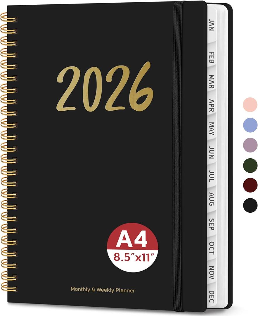 2026 Planner - Weekly and Monthly Planner, January 2026 to December 2026, Spiral Bound 2026 Calendar Planner Book, Inner Pocket, Perfect for Office Home School Supplies - A4 (8.5" x 11"), Black