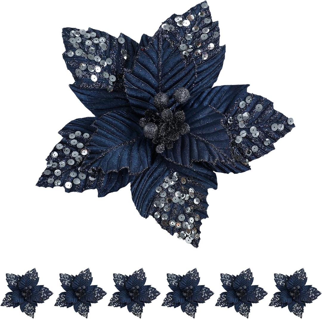 Pretty Jolly 11 inch Large Christmas Glitter Poinsettia Flowers Artificial Gold Flowers Artificial for Decoration Xmas Flowers Christmas Tree Decoration New Year Ornaments Navy 6pcs