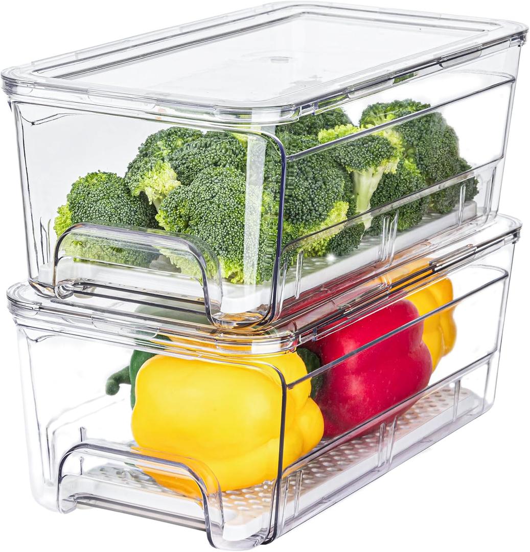 Pull Out Fridge Organizer Drawer, Stackable Refrigerator Storage Bins with Drain Tray and Lid, Clear Fruit and Vegetable Storage Containers Box, for Kitchen Freezer, 2-Pack