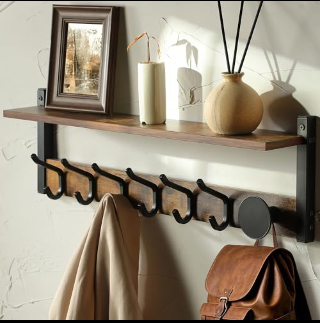 YIGII Coat Rack Wall Mount with Shelf, 32inch Wall Floating Shelf Entryway Shelf with 8 Hooks and Storage, Wood Coat Hanger Wall Mount for Bathroom, Living Room, Bedroom, Rustic Brown