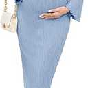 AISWI Maternity Dress Ribbed Knit Long Sleeve Round Neck Bodycon Mid Pregnancy Dresses Casual Baby Shower Bell Sleeve (Medium, Light Blue)