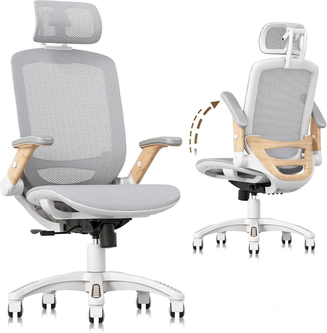 GABRYLLY Ergonomic Office Chair, High Back Home Desk Chair with Flip-Up Arms, Headrest, 90-120 Tilt and Wide Cushion, 300LBS White Mesh Chair for Work Gaming Study (GY01-NT, Woodgrain Pattern)