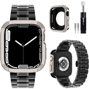KADES Solid Stainless Steel Band Compatible with Apple Watch 49mm 45mm 44mm 42mm 41mm 40mm 38mm, Metal Strap for Apple Watch Ultra 2/1, Apple Watch Series 9/8/7/6/5/4/SE/SE2022/3/2/1 for Women and Men (Black+Starlight/Black)