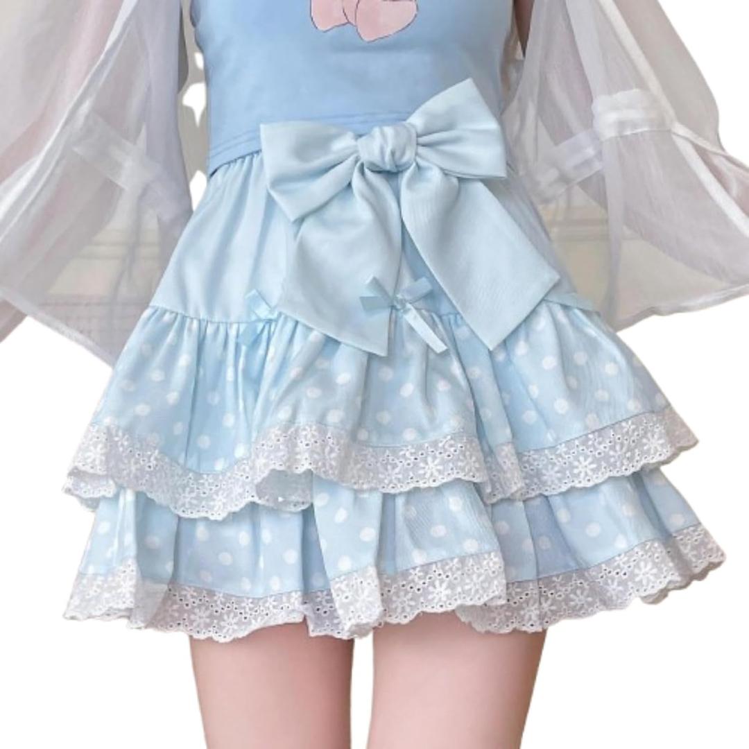 Sweet Lolita Mini Skirt for Women Bow Cake Skirt High Waist Kawaii Vintage Layered Lace Party A-line Mini Skirts (One Size)