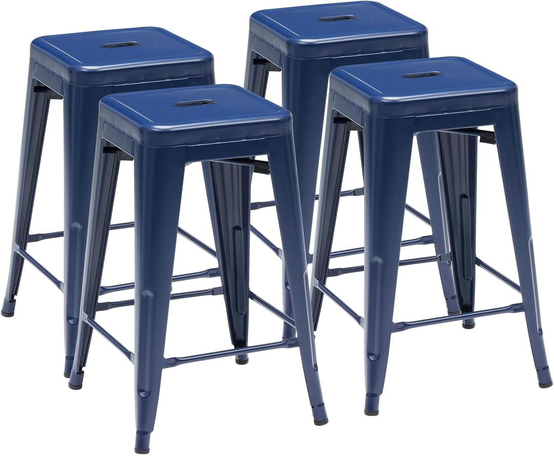 DUMOS Metal Bar Stools Set of 4, 24in Stackable Counter Height Bar Stools, Backless Restaurant Chairs for Kitchen Island, Indoor Outdoor Use, Classic Trattoria Barstools for Dining Room, Blue