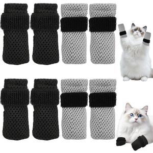 8 Pcs Cat Claw Covers, Shoes Booties For Cats Mittens To Prevent Scratching Socks Adjustable Breathable Mesh Puppy Indoor Gloves Paw Kitten Boots Suitable For Bathing And Nail Trimming (Grey + Black)
