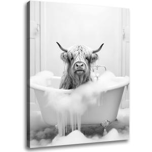Highland Cow in Bathtub Wall Art for Bathroom, Funny Animal Painting Pictures Canvas Wall Decor, Cute Animal Poster Art for Bathroom, Modern Wrapped Canvas Prints Ready to Hang 12"x16"