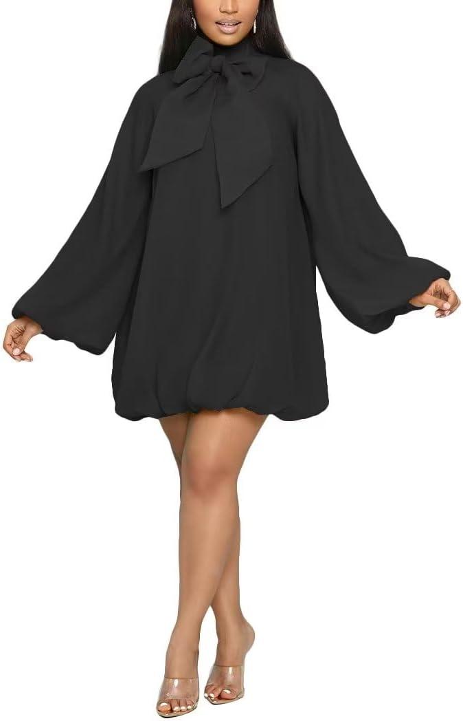 Yanfoam Women's Puff Long Sleeve Sweetheart Round Neck Dress Flowy Loose Chiffon for Cocktail Party Mini Dress (Large, Black)