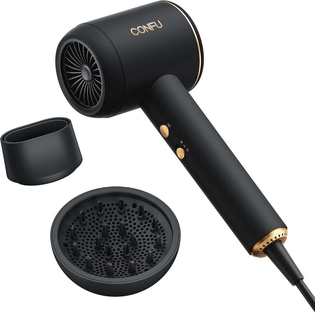 CONFU Diffuser Blow Hair Dryer - 420 Million Plasma Blowdryers for Curly/Fine/Thick/Frizzy Hair - Professional 1600 Watt Ionic Hairdryers Handheld Lightweight (Black)