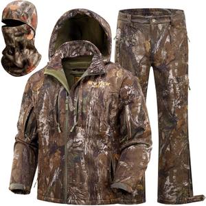NEW VIEW Camo Hunting Clothes for Men, Quiet Warm Fleece Lining, Cold Weather Deer Hunting Jacket and Pants with Face Mask (Small)