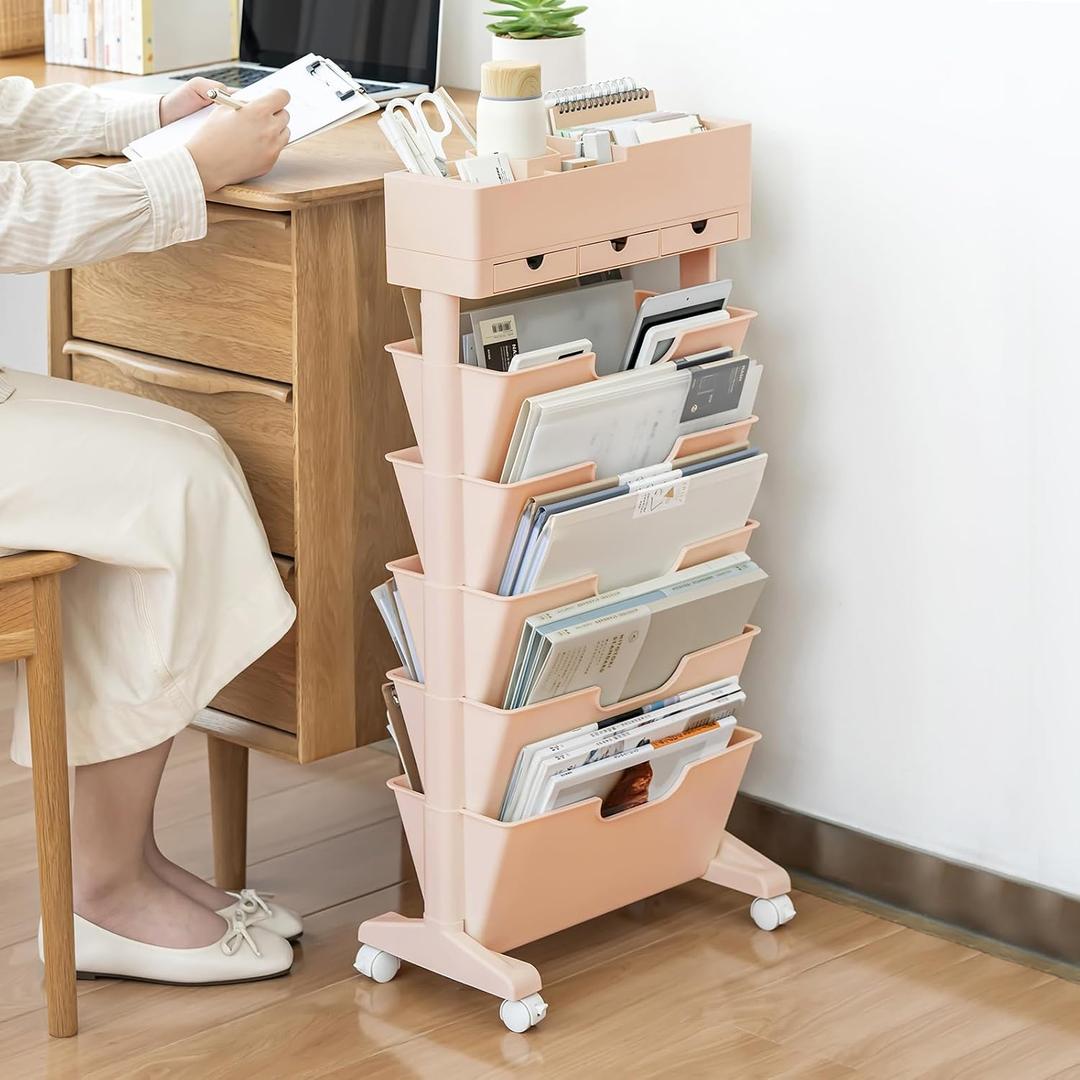 5 Tier Rolling Book Cart Multi-Functional Movable Storage Bookshelves with Lockable Wheels for Study Office Library Classroom, (Pink, with Wheel)
