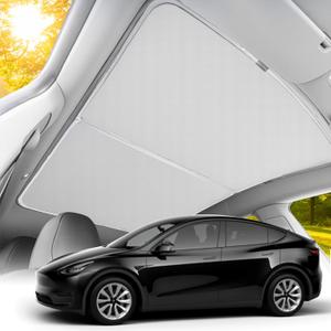 Gray Non-Sag Glass Roof Sunshade Compatible with Tesla Model Y 2021-2024, Foldable Sunroof Shade with Heat Insulation Cover for Tesla Model Y, Glass Roof Sunshade