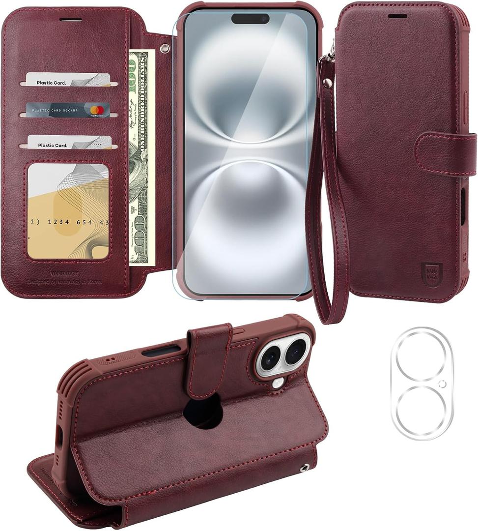 VANAVAGY Compatible for iPhone 16 Wallet Case, PU Leather Folio Flip Cover with RFID Blocking Card Holder Wrist Strap Kickstand for Wireless Charging, [Screen Protector & Camera Cover], Burgundy