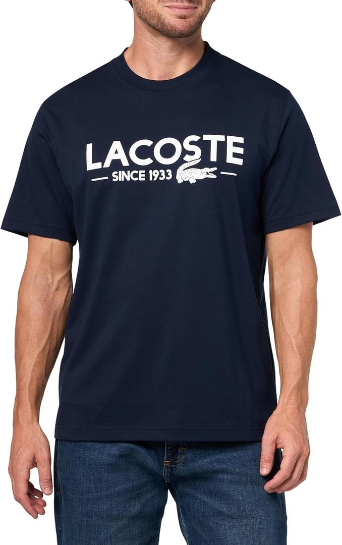 Lacoste Mens Crew Neck Short Sleeve Classic Fit Branding T-Shirt (Small, Navy Blue)