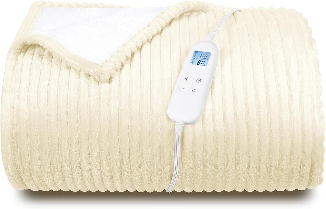 Electric Heated Blanket Queen Size 84" x 90" | 6 Heating Levels & 8h Auto Timer | Full Body Fast Heating and Ultra Soft Flannel, Machine Washable Bed Sofa Home Office Use, Beige