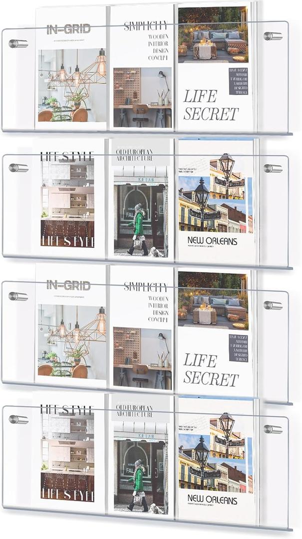 DoubleFill 4 Pack 21" Clear Acrylic Magazine Holder Wall Mount Hanging Bookshelf Magazine Rack Brochure Holder for Waiting Room, Living Room, Office, Home Display