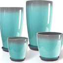 ZMTECH 24/21/12/10" H Large Plastic Planters with Drainage Hole and Saucer -Set of 4 Tall Lightweight Flower Pot for Front Porch Patio Deck,Sky Blue with White Spots