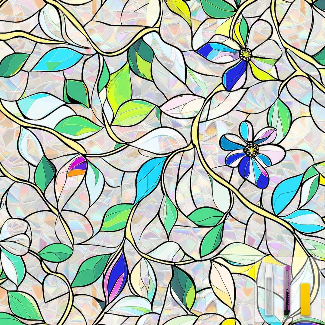 Window Privacy Film Stained Glass Decorative Static Cling Window Tint Sticker for Home Room Bathroom Glass Door Car Decor Rainbow Vinyl Renter Friendly one Way, 17.5 * 78.5, Flower Vine (Green)