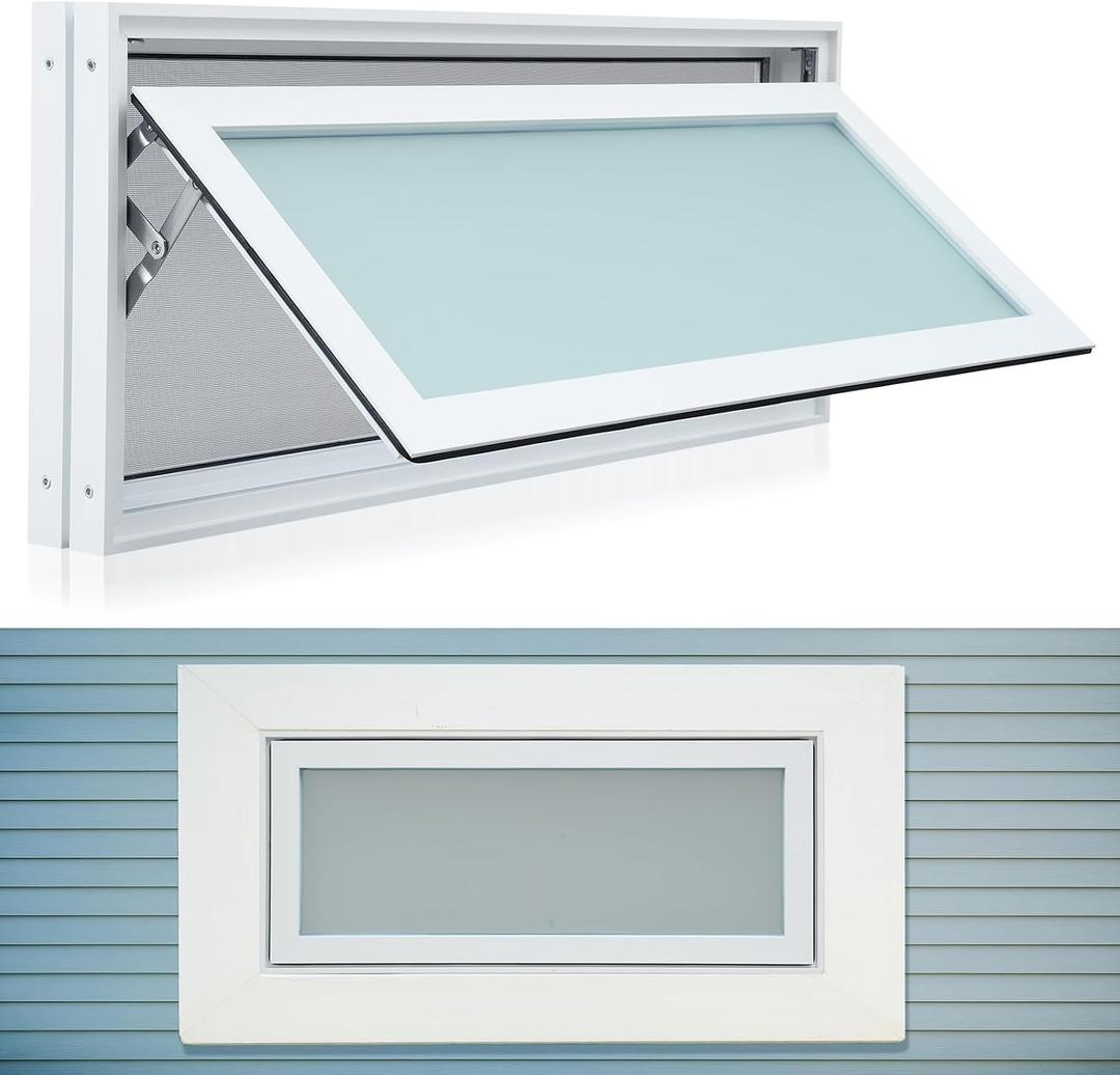 CroBlissful 1 Pc 32 x 14 Inch Small Basement Windows White Vinyl Bathroom Window Shed Window Mobile Home Windows with Double Glazing Screen for Glass Block Cabins House Garage (Frosted Glass)