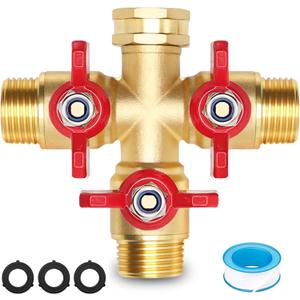 3 Way Hose Splitter, High Flow 3 Way Brass Hose Splitters with Metal Handle and Shutoff Valve, 3/4'' GHT Thread Garden Tap Triple Splitter