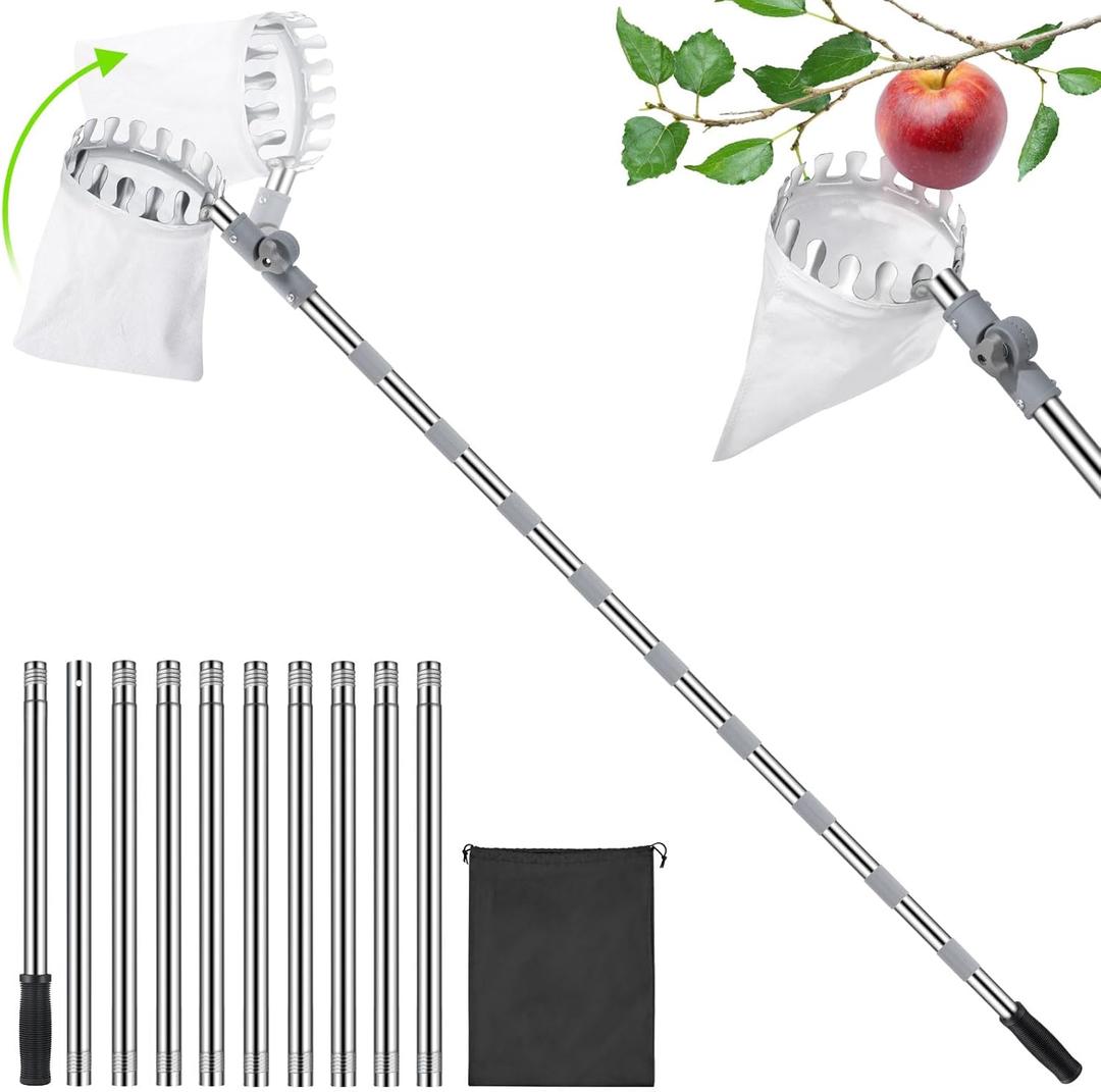 Fruit Picker Pole,13FT Fruit Picker Tool Fruit Catcher for Trees, Adjustable Angle Fruit Picking with Basket Head for Lemon Apple Mango Orange (15.7“)