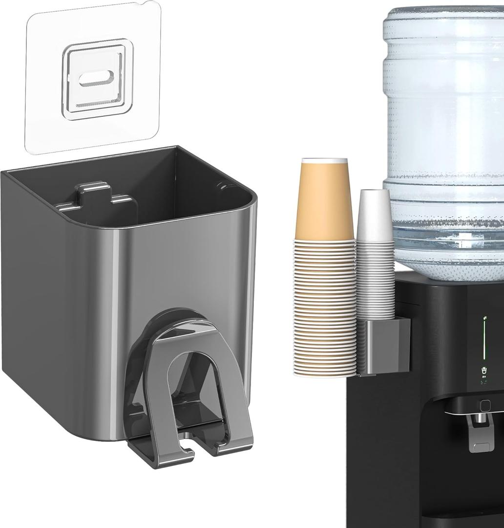 Cup Dispenser 2 Seats, Holder for 2-16 OZ Paper & Plastic Disposable Cups, Adhesive Cup Dispenser Wall Mount for Water Cooler, Coffee Station, Office, Bathroom, Wall (Dark Gray)