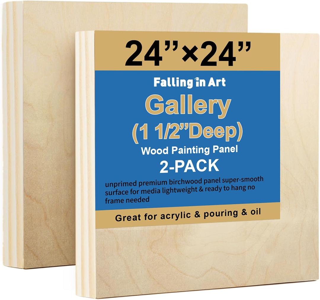 Falling in Art 2 Pack Unfinished Wooden Canvas Panels, 24x24 Gallery Birch Wood Panels Kit, 1 1/2" Deep Art Cradle Boards for Acrylic Painting, Pouring and Burning