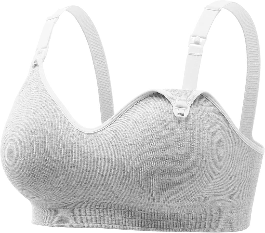 Momcozy Nursing Bras for Breastfeeding, Soft U.S. Cotton Seamless Maternity Bra, Fixed Padding, Wireless Pregnancy (Large, Light Gray)