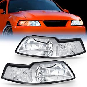 Nilight Headlight Assembly for 1999 2000 2001 2002 2003 2004 Ford Mustang Headlamps Replacement Chrome Housing Clear Reflector Driver and Passenger Side