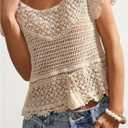 MakeMeChic Women's Summer Boho Crochet Tops Hollow Out Sweater Short Sleeve Backless Top Beach Coverup (Beige, L)