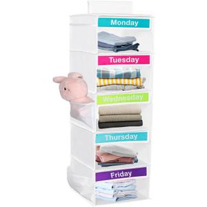 Weekly Clothes Organizer for Kids, Days of The Week Clothes Organizer with 6 Side Pockets, 5-Shelf Hanging Closet Organizer with Monday Through Friday Labels, Weekly Clothing Prepare & Divider (White)