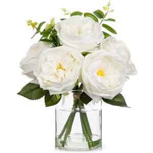 Hollyone Real Touch Peonies Artificial Flowers Arrangements in Vase White Fake Peonies with Glass Vase Silk David Austin Roses Faux Flowers with Clear Faux Water Bouquet Table Centerpiece Home Decor