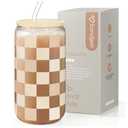 SANDJEST Checkerboard Glass Can, Beige Checker Cup with Lid & Straw, Iced Coffee Aesthetic Cups, Gift for Christmas Birthday Mother Day, Gifts for Women, 16oz